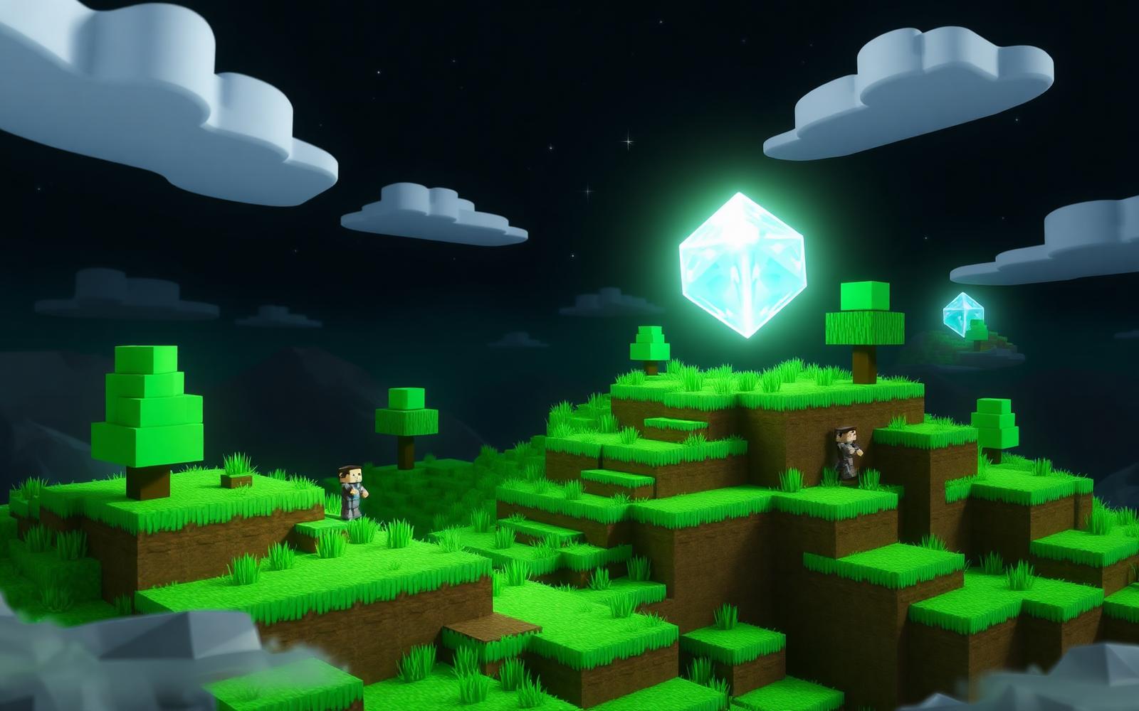 Voxel Minecraft-style landscape at night with a glowing diamond block
